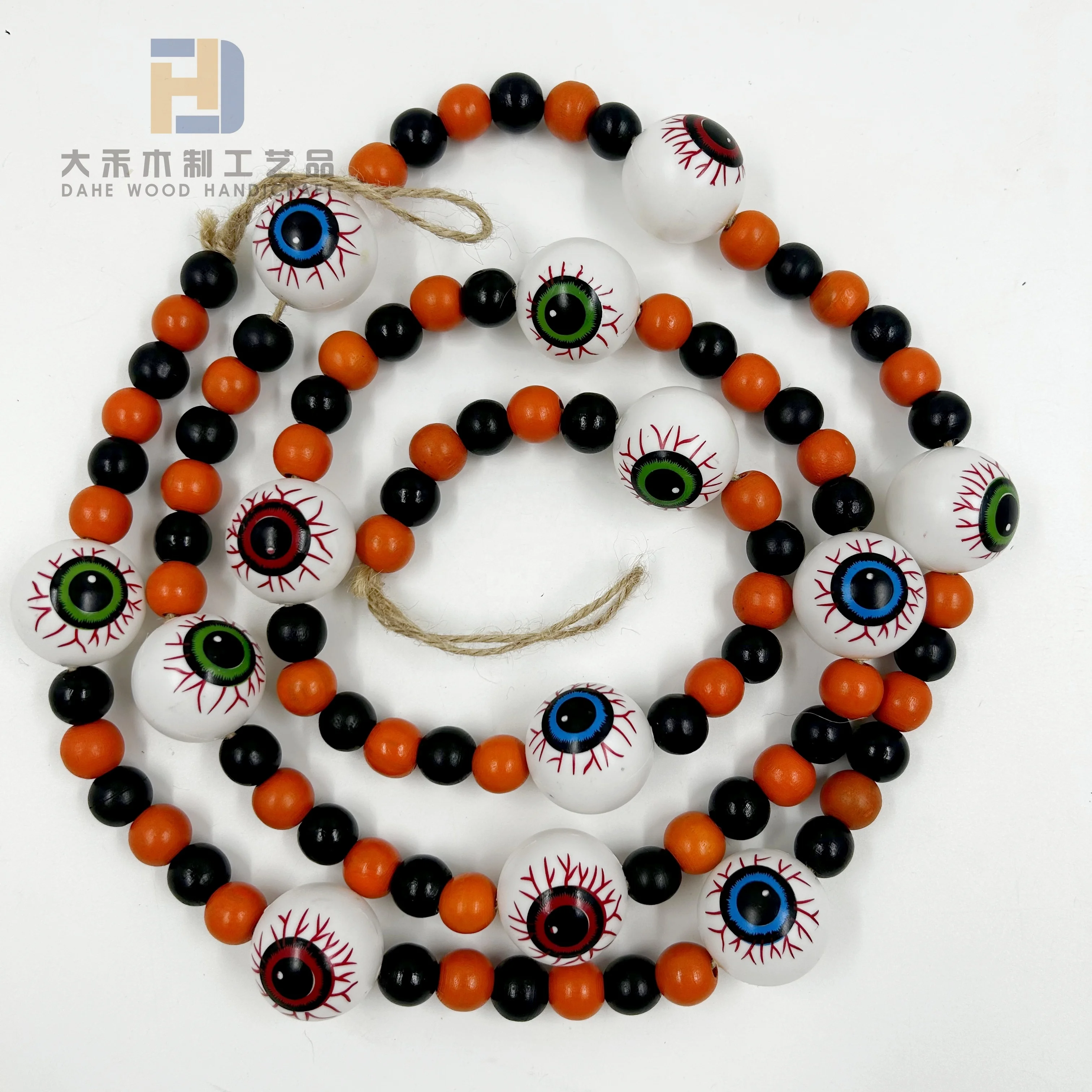 Creative 185cm 6ft. Wooden Black Orange Bead Garland with Plastic Round Eye Balls for Halloween Home Hanging Decorations