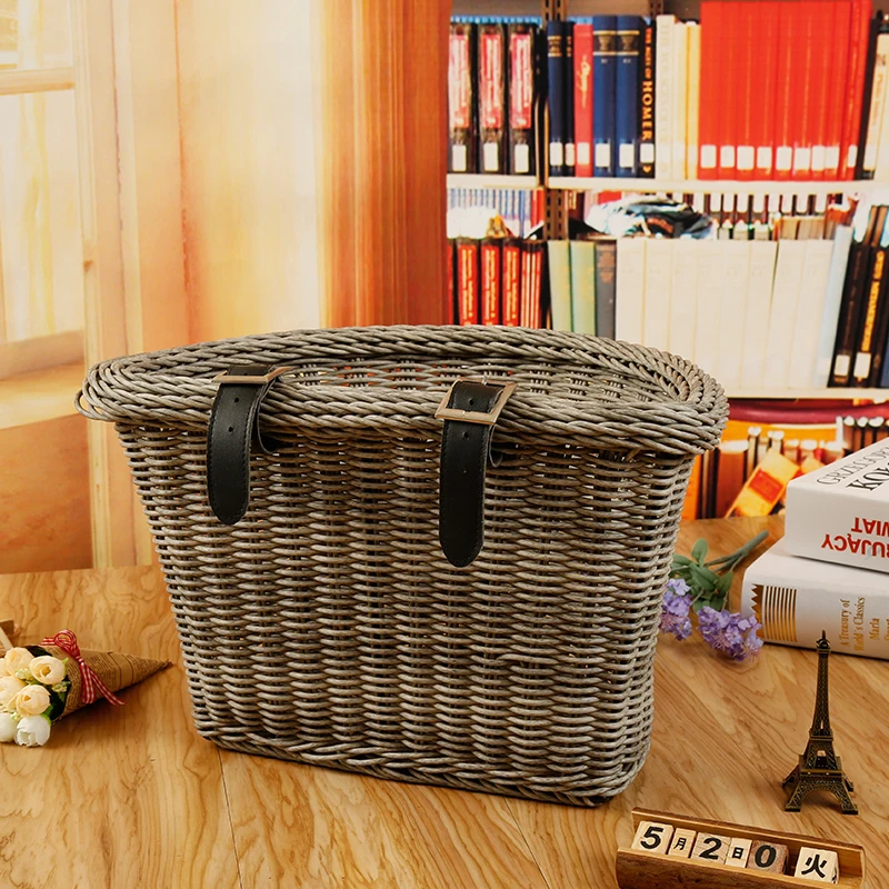 Factory wholesale D shaped PP rattan e-bike basket plastic adult bike basket front handlebar bicycle basket with straps
