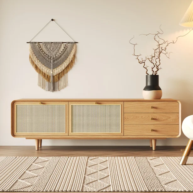 QUAWE Modern Nordic Living Room Rattan Furniture Wood TV Stand Unit Media Console TV Cabinet with Rattan Door