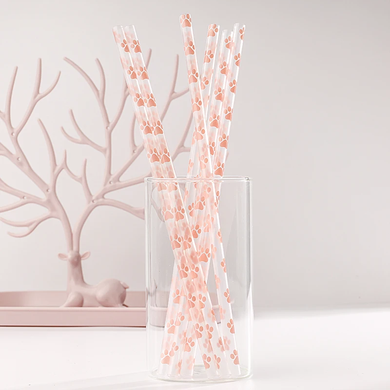 reusable paw printing drinking straws, custom made clear 9 inch drinking straw with paw design, decorative  paw printing straws