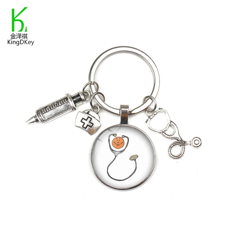 creative nurse medical keyring New fashion syringe stethoscope image keyholder glass cabochon and glass dome keychain