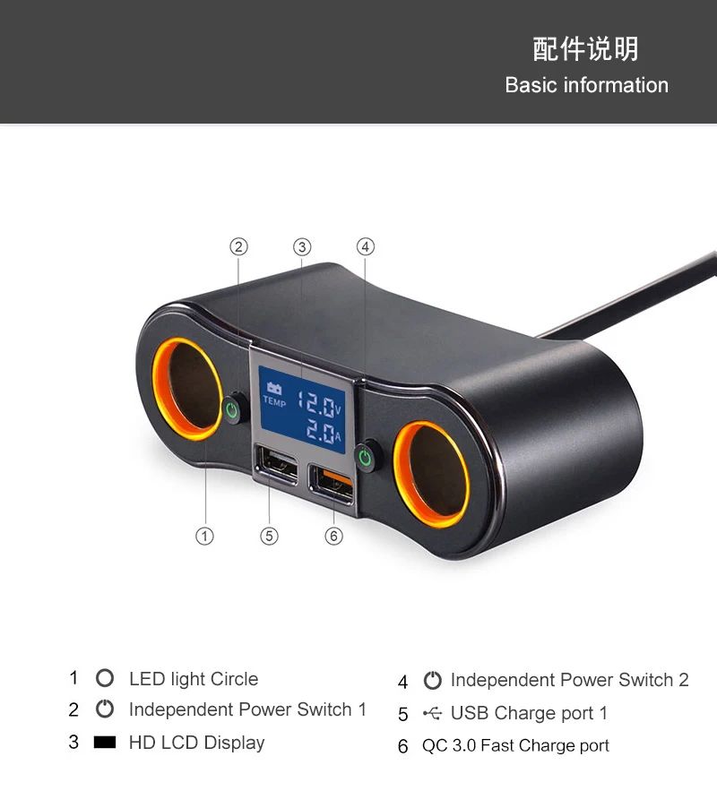 80W socket Splitter Car charger adapter 3.1A 2 USB Ports LED Display Voltage on Off Switch Cigarette Lighter Adapter Car charger