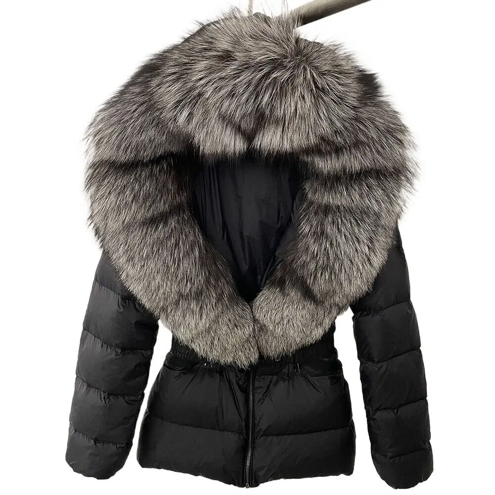 OFTBUY 2024 Winter Jacket Women Real Raccoon Fox Fur Collar Hooded White Duck Down Coat Belt Thick Warm Casual Outerwear
