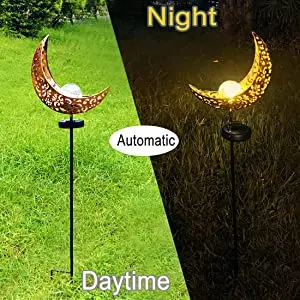 Warm White Outdoor Metal Bronze Moon Crackle Glass Globe Solar Powered Retro Stake Lights for Pathway Lawn Patio Courtyard Decor