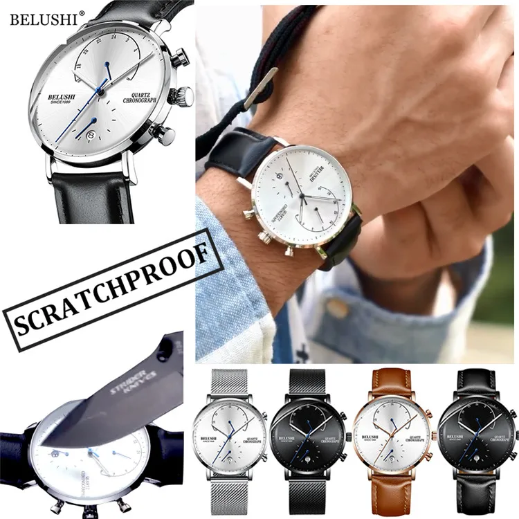 belushi Waterproof Watches Leather Strap Slim Quartz Casual Business Mens Wrist Watch Top Brand Belushi Male Clock 2018 Fashion