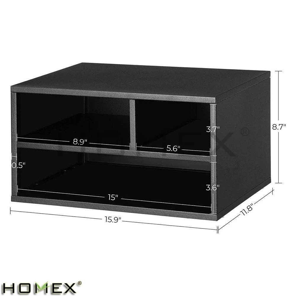 Modern Sturdy Bamboo Wood Workspace Desk Organizer Black Metal Office Printer Stand with 2-Shelves