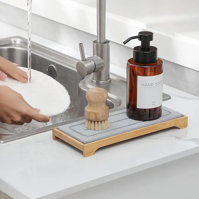 CF SDM39 Bamboo Rack with Diatomaceous Earth Stone Drying Mat Bathroom Countertop Organizer Soap Dish Tray Tool Use