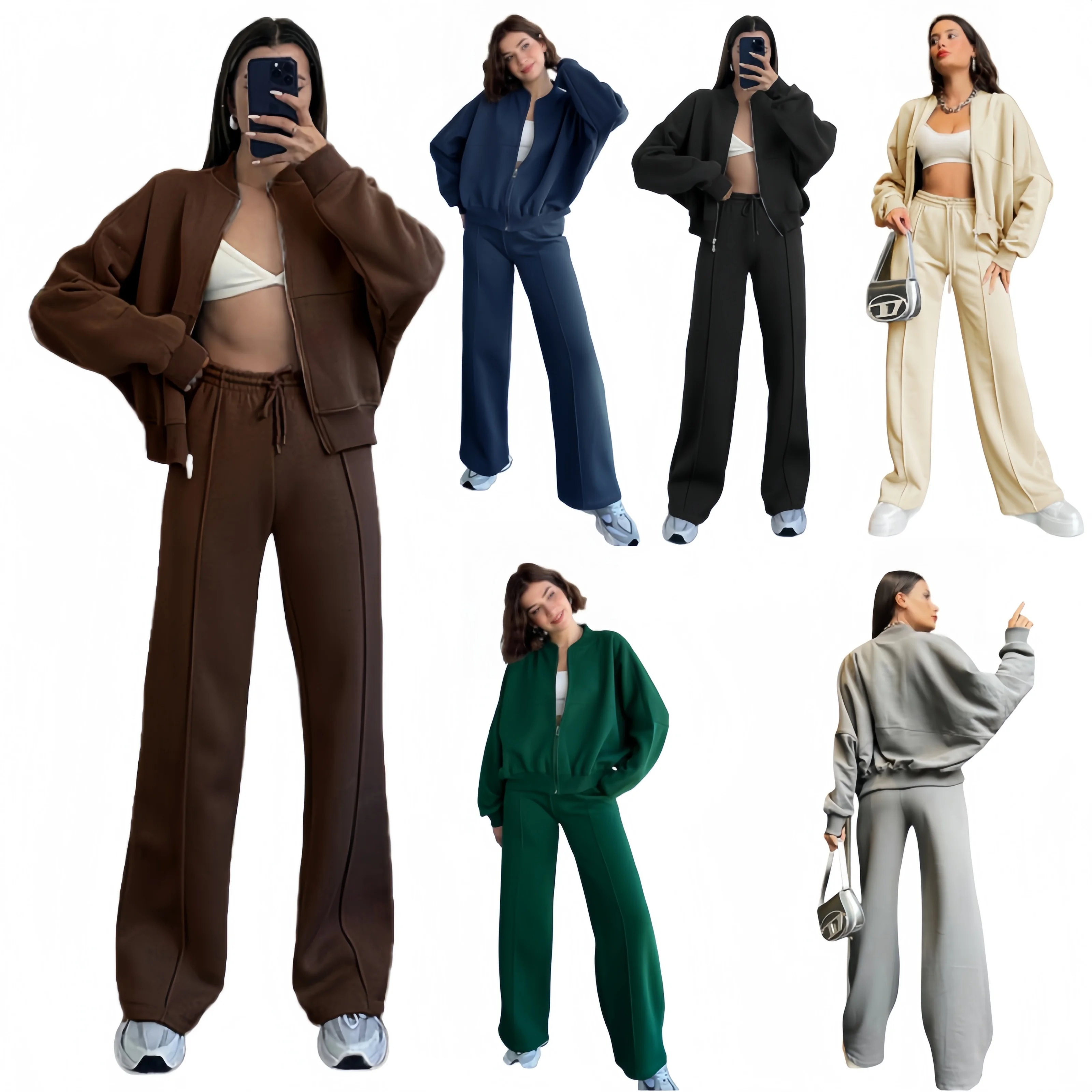 Women Casual Sweater Two Piece Set Long Sleeve Zipper Up Jacket + Elastic Waist Straight Pants Autumn Spring Lady Tracksuit