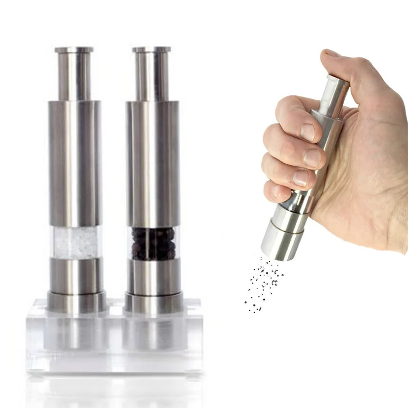 Mini Stainless-Steel One-Handed Thumb Push Button Spice Mill Salt And Pepper Grinder Set With Stand For BBQ