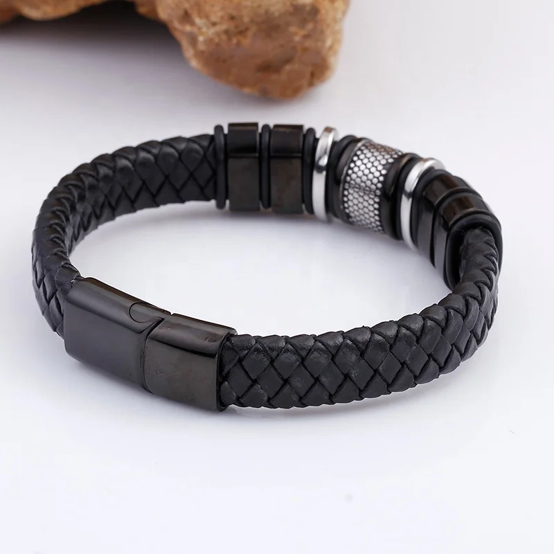 High Quality Black Magnetic Clasp Braided Leather Men Bracelet Stainless Steel Jewelry