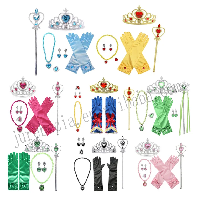 Princess Dress Up Accessories Set Girls Jewelry Scepter Necklace Earrings Gloves Rings Bracelets Elsa Wig Braid Crown