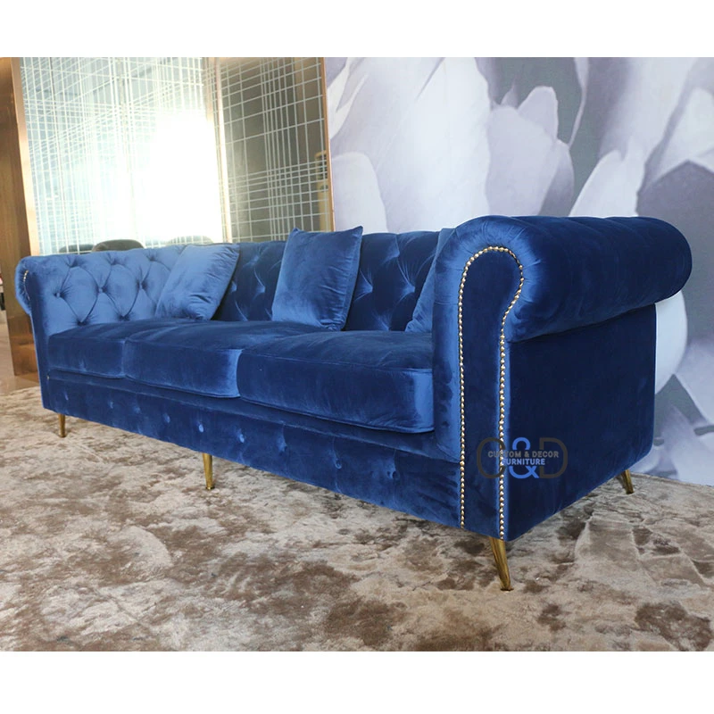 l shaped luxury fabric blue velvet couch sofa Chesterfield living room furniture