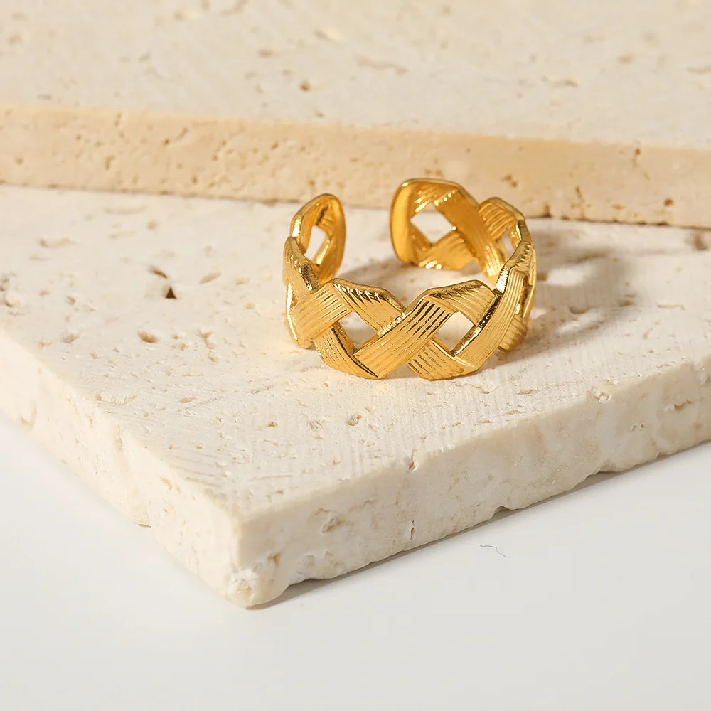 Trendy Geometric Braided Chain Cross Open Finger Ring Gold Plated Fashionable Stainless Steel Simple for Women