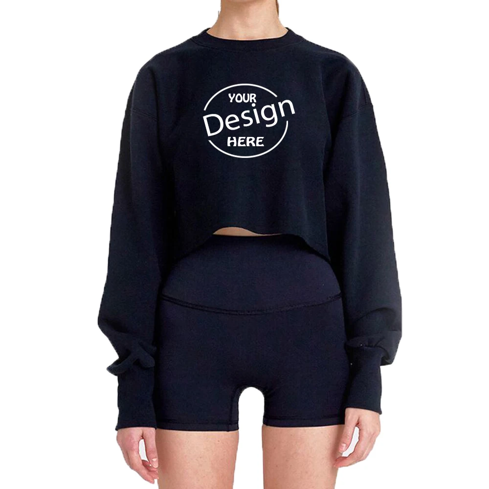  2021 fashion design cropped jumper custom logo printed blank black ladies pullover crewneck white plain crop top