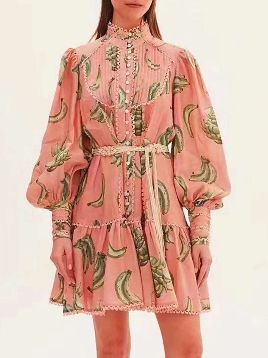 2023 Grace Ladies Casual Patchwork Lace Cutout Ruffle Mini Ladies Dress Hawaiian Plantain Pattern Elegant Casual Dress