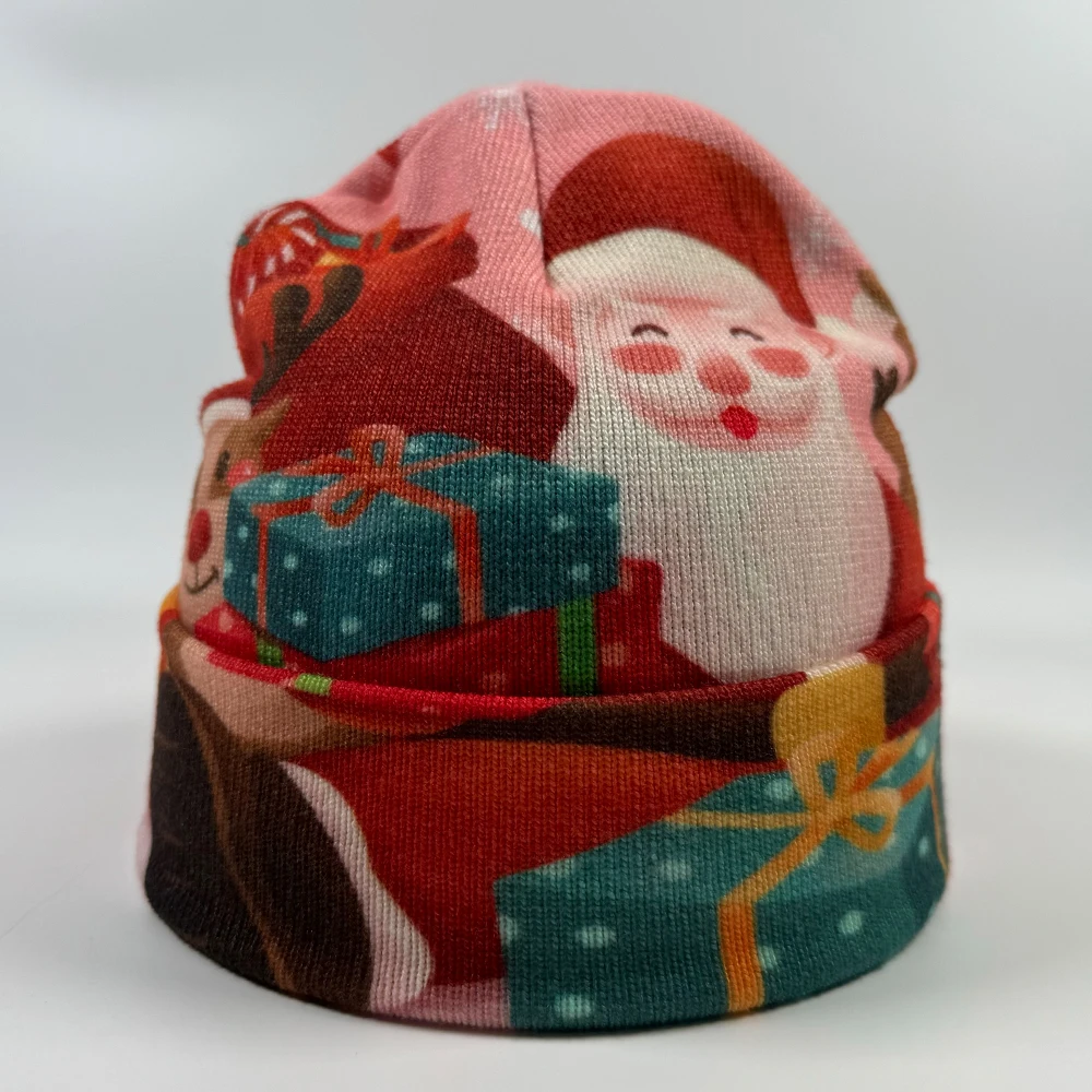 Custom logo full sublimation printed winter hats Hot selling adults Christmas beanie hat High quality polyester knitted touques