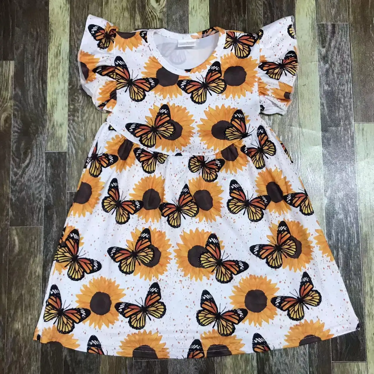 Flying Butterfly Girl Dress White Printed Short Sleeve Pearl Dress Wholesale Clothing