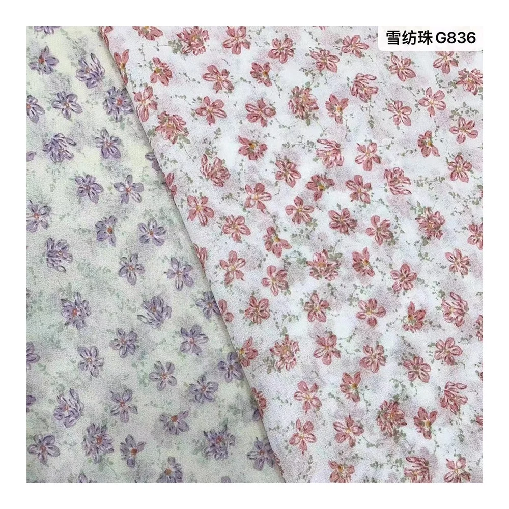 Premium chiffon polyester dyed light yellow flowers digital printing clothe fabric