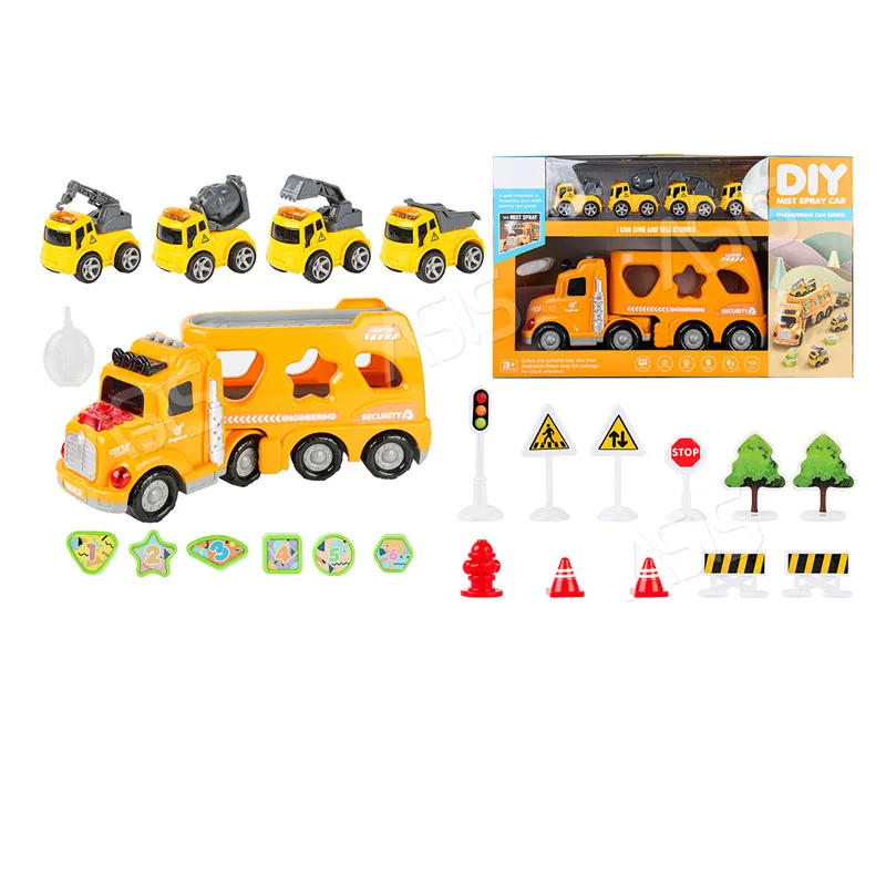 Cartoon ABS tractor truck toy set with 4pcs engineering car model  friction toy vehicle with light/music/spray (1600478918946)