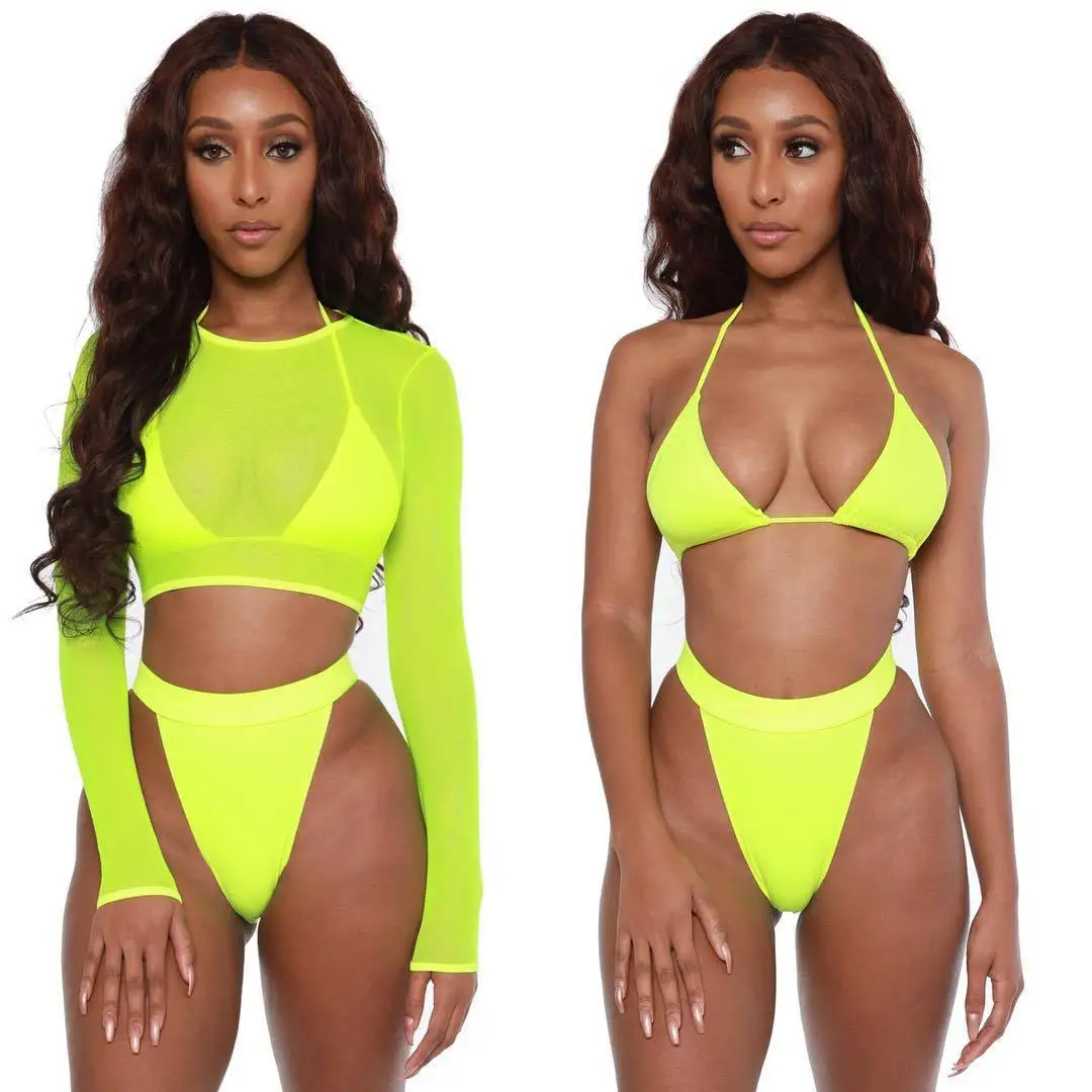 
Custom Three Pieces Swimwear long sleeve mesh Cover ups Brazilian Cut Bikini Swimsuit 