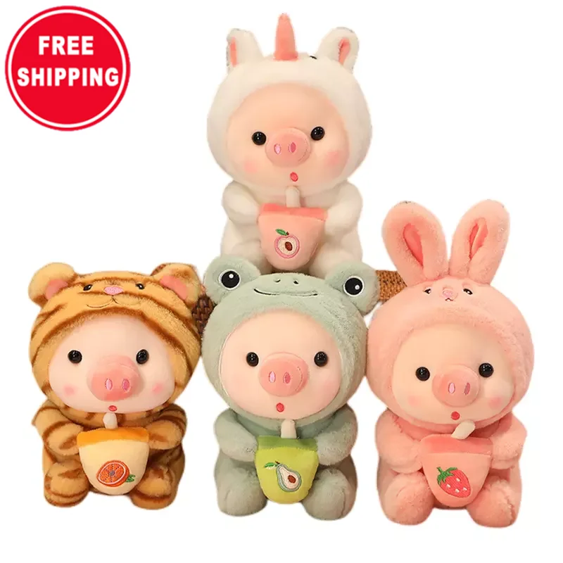 Free Shipping Cute Girl Bedtime Animal Pig Custom Boba Plush Kuwaii Pig Bubble Milk Tea Doll Kid Plush Pig Chew Pet Toy