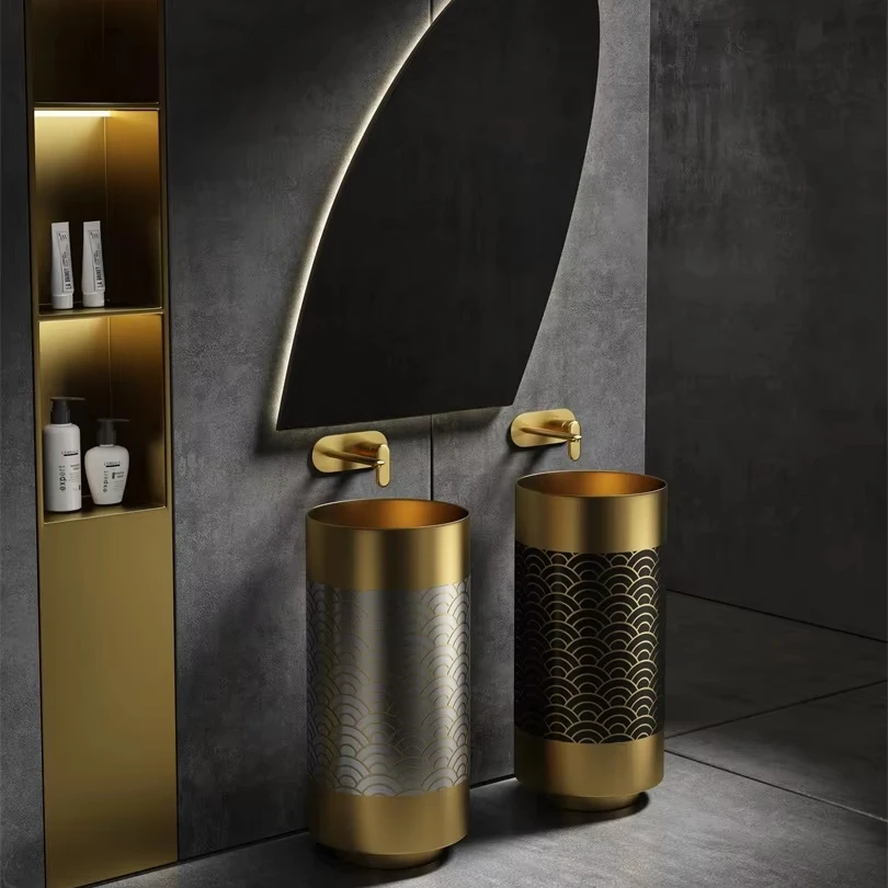 Luxury western style fish scale shape sea wave pedestal wash basin  stainless steel 304 gold large bathroom sink
