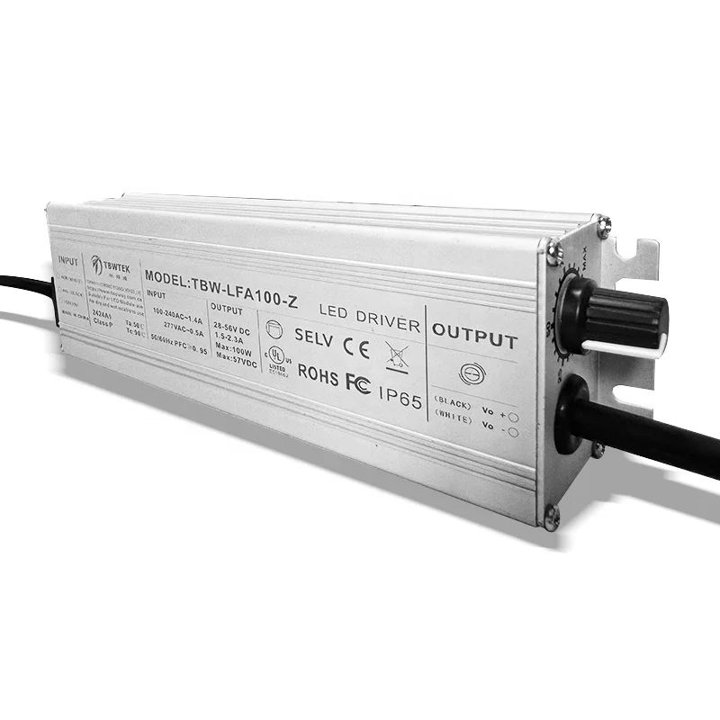 TBWTEK-LFA100 UL cUL FCC Knob Dimming Power Supply 100W 28-56V DC Constant Current Dimmable IP67 Led Driver 100watts