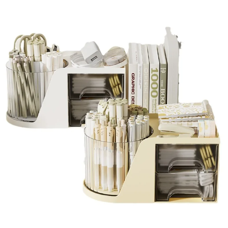 Dropshipping Shopify Rotating Desk Organizer with 2 Drawer Pencil Pen Holder for Des