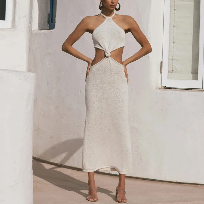 2021 Summer Crochet Knitted Hollow Out Halter Neck Elegant Sleeveless Long Casual Maxi Dresses