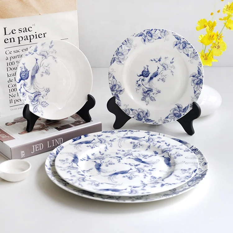 
Western dinnerware set ceramic blue white round dinner plates for restaurant 