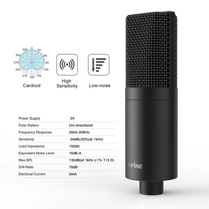 Fifine оптовая продажа конденсаторный USB Студийный микрофон потоковый игровой записывающий комплект для ПК с откидной