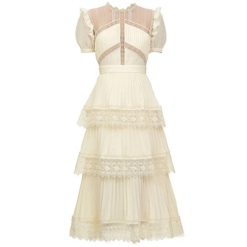 Wholesale Bubble Sleeve High Waist Lace Fashion Elegant Maxi Casual Lady Dress