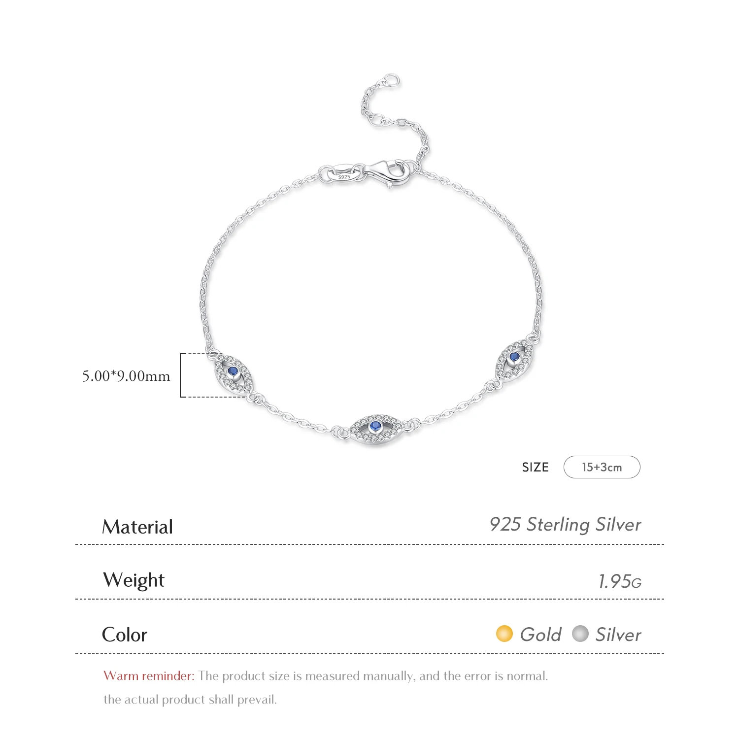 925 Sterling Silver Korea Style Chain Link Fine Jewelry Elegant Blue Clear CZ Adjustable Evil Eyes Charm Bracelet For Women