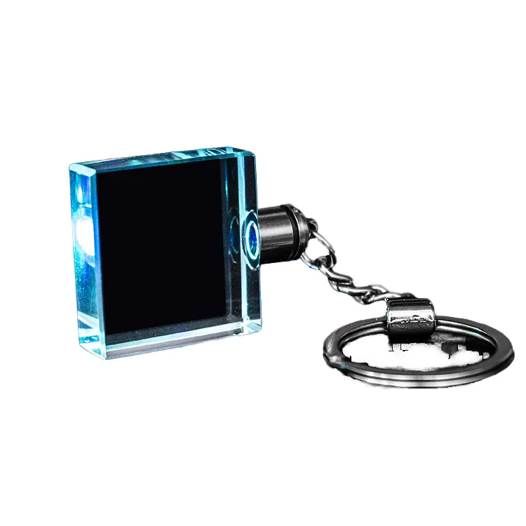 Оптовая продажа, пользовательский 3D лазерный гравированный светодиодный кристаллический брелок квадратной формы с красочным светом, пустой брелок для рекламного подарка