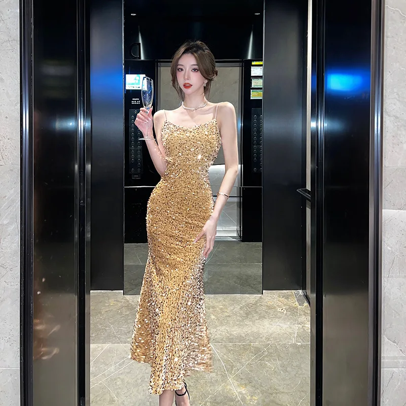 Shiny Velvet Sequined Sexy V-Neck Evening Sling Dress Long Fishtail Skirt