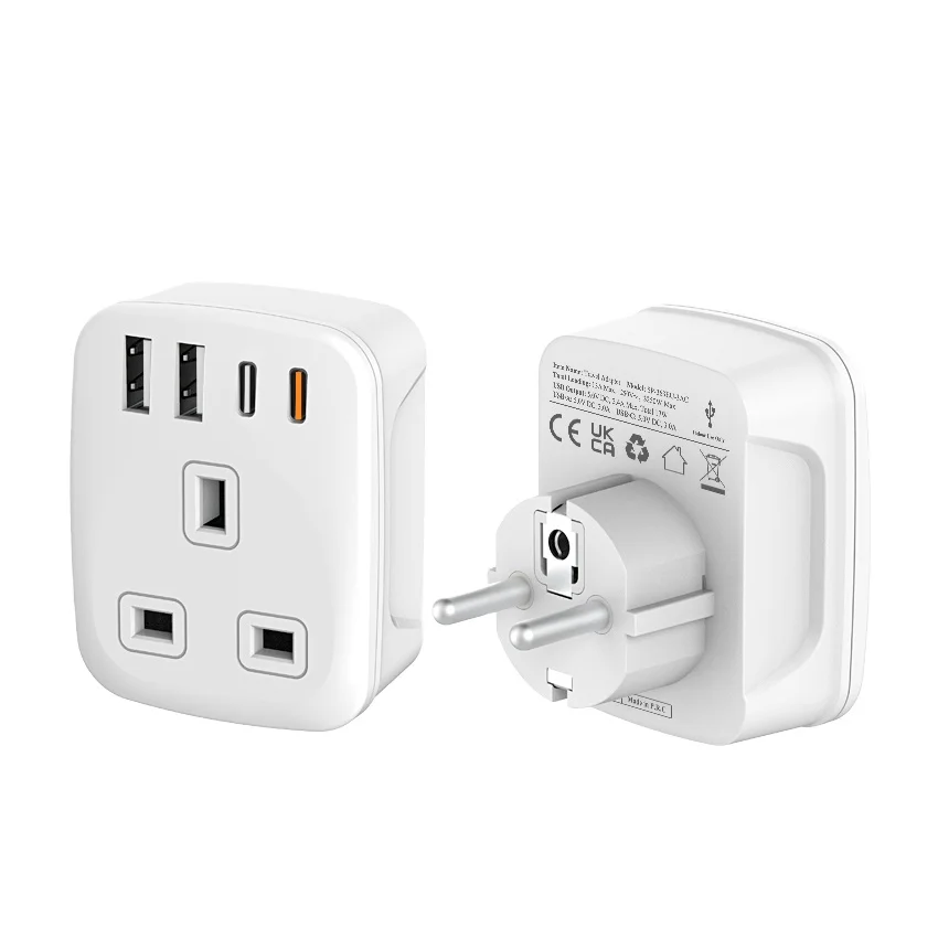 Newest 3.4A Quick Charger 2 USBA and 2 Type-C UK to European Plug E/F Travel Adapter for Spain Germany France Portugal Greece
