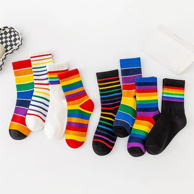 Fashion Rainbow Design Children 3-12 Years Age Unisex Student Street Style Cotton Colorful Stripe Socks