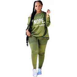 spring 2022 plus size women clothing NOPE Letter printing oblique shoulder long sleeve rivet decoration two piece pants set