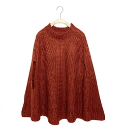 Wholesale winter women knit oversize plaid rib sleeveless crewneck crochet poncho sweater
