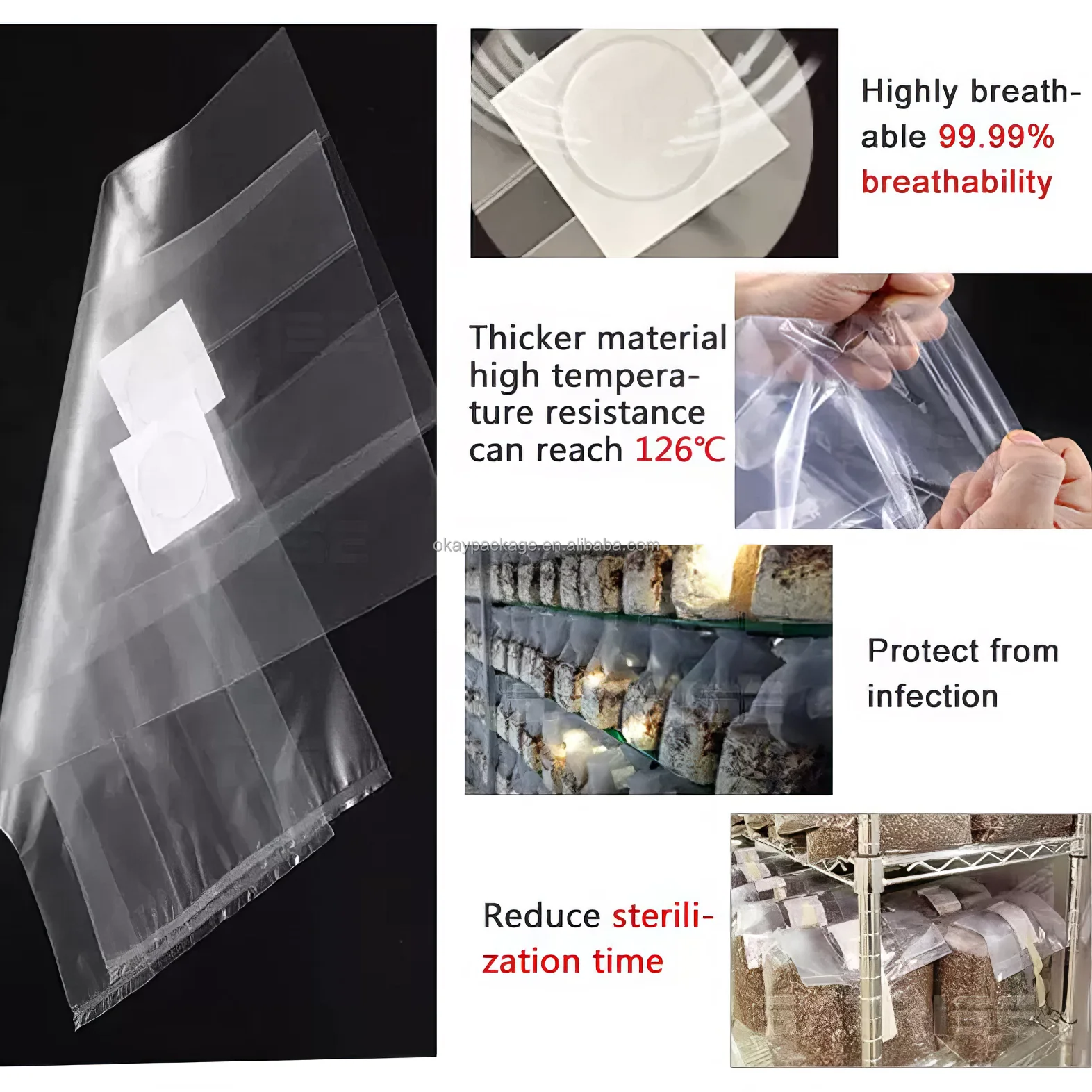 Custom High Temperature Resistance small 10cm 0.5 micron autoclavable PP pvc Mushroom spawn grow Filter grain bag for mushroom