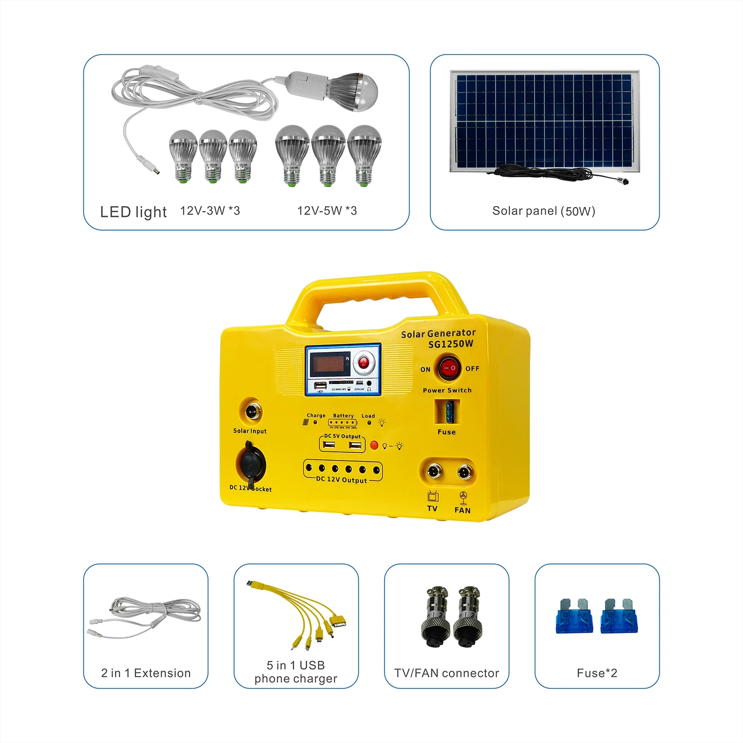 SG1250W Factory Price 50w DC Solar System For Mini House Solar Power System Camp Led Kit Indoor Solar Light Home