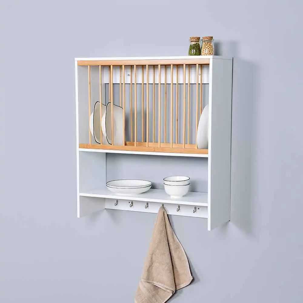 Kitchen Organization Tableware Holder Wooden Wall Mounted Hanging Bamboo Dish Drying Rack Drain Plate Rack Drainer With Hooks