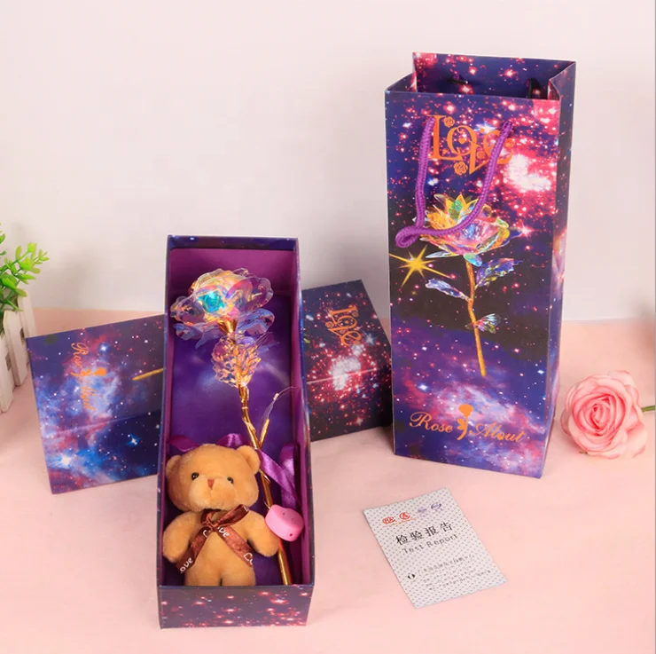High Quality Foil Dipped Plated Galaxy Rose Anniversary Engagement Valentines Gifts 24 K Gold Flower With Plush Bear