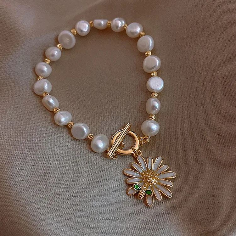 gold plated bees daisy flower gemstone gemstone gemstone bracelet pearl bracelet