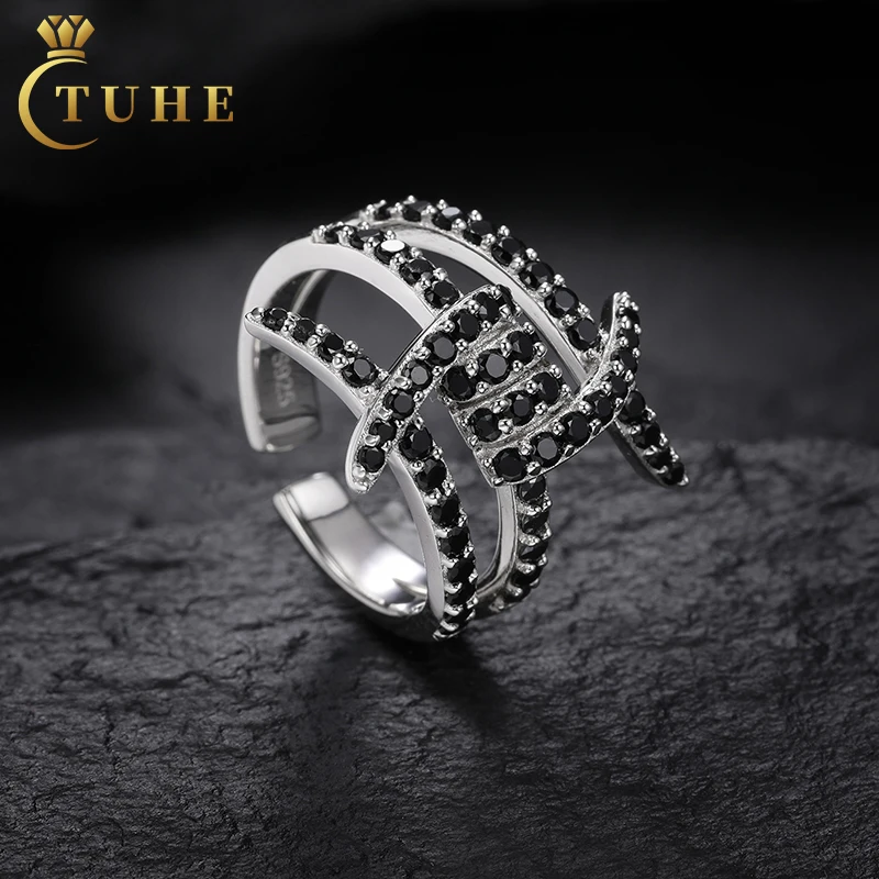 Hot Sale Men Fine Adjustable Ring Prong Setting 925 Sterling Silver Gemstone Party Jewelry Black Moissanite Ring