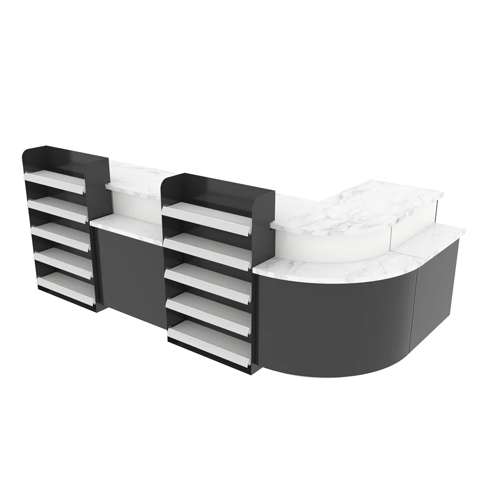 Multifunctional Store Simple Steel Wood Style Shop Equipment Supermarket Cashier Table Checkout Counter