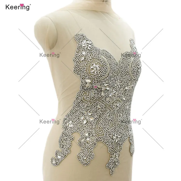 Wedding Dress Crystal Full Stone Strass Rhinestone Sexy Silver Diamond Bodice Dress Patch Applique Crochet Design WDP-534