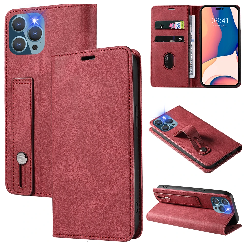 For iPhone 16 Pro Max Case With Stand and Magnetic Closure Flip Leather Wallet Mobile Phone Case With Wrist Strap