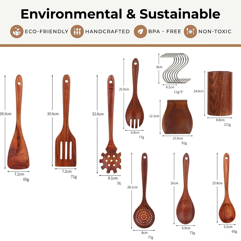 Teak Wood Spoons and Spatula Nonstick Natural Kitchen Cookware Wooden Utensils set for Cooking with Holder