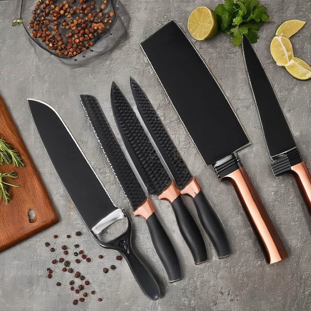Top Seller 6-Piece Kitchen Knife Set Non-Stick Coating Chef Knife Gift Box Stainless Steel Blades Black for Kitchen Usage